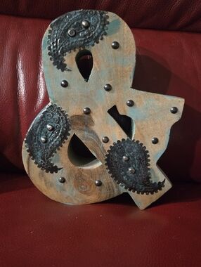 Decorative Wooden Ampersand with Paisley Metal Accents - Blue and Natural Wood